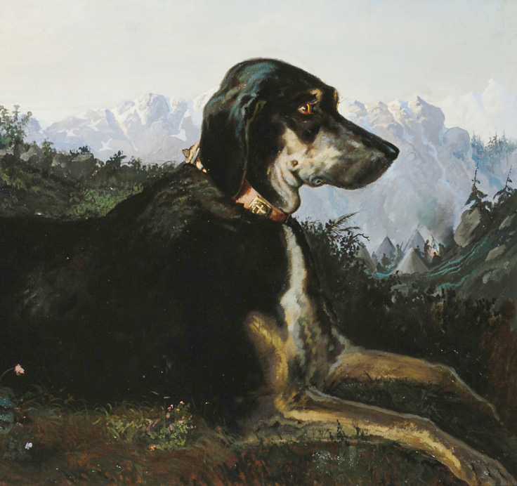 Un primo piano del quadro di Pietro Paolo Comba, “Cane di Sua Maestà”, 1865 circa, olio su tela.