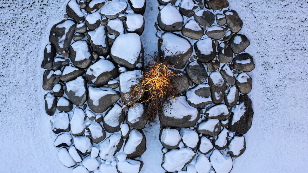 Il Cervello di pietre in inverno, veduta aerea. Giardino delle Sculture Fluide di Giuseppe Penone. Foto di Michele D'Ottavio