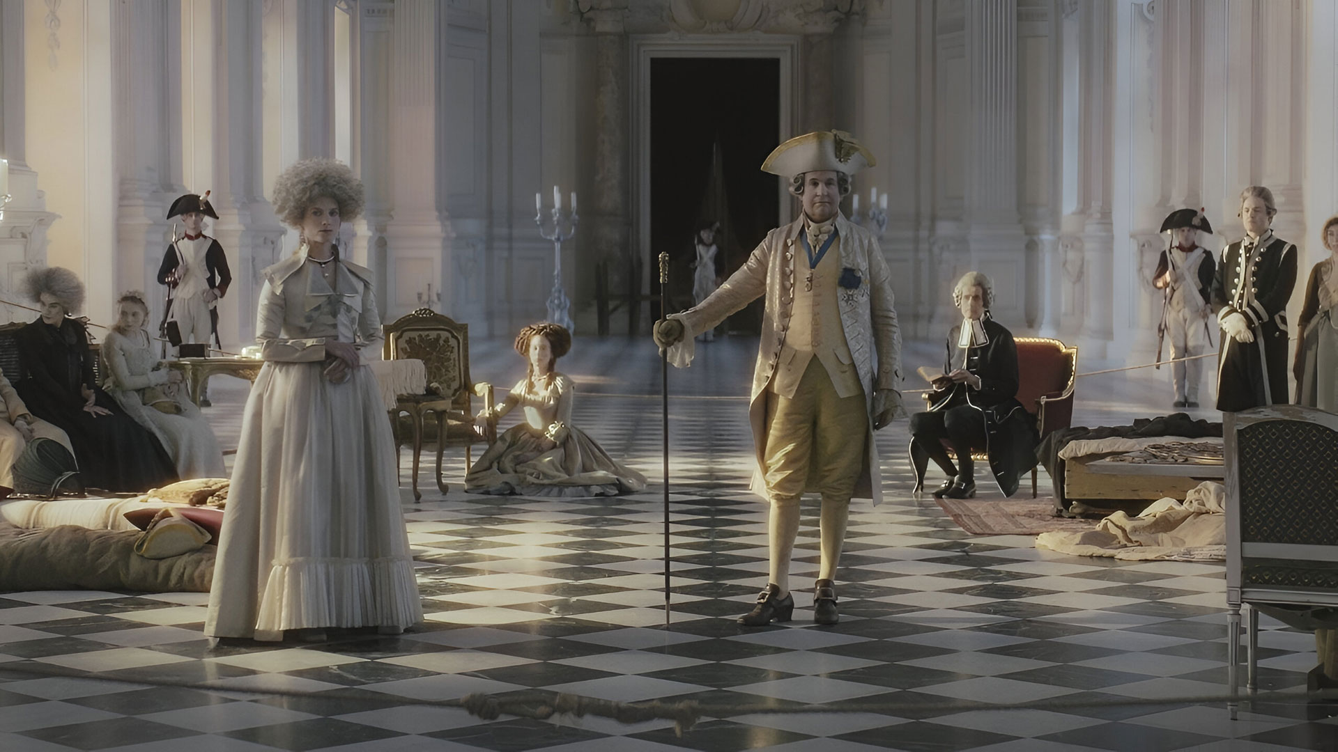 Immagine del film Le Deluge con i protagonisti nella Galleria Grande della Reggia di Venaria